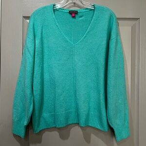 Vince Camuto Medium Vegan Aqua Long Sleeve Raw Hem V Neck Sweater Y10